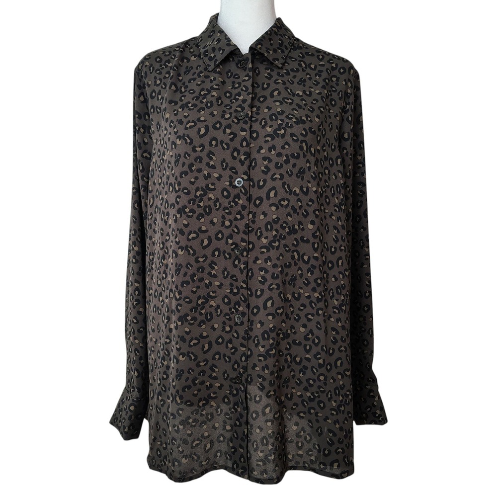 Chelsea & Theodore Blouse Large Leopard‎ Print Button Down Long Sleeve Workwear